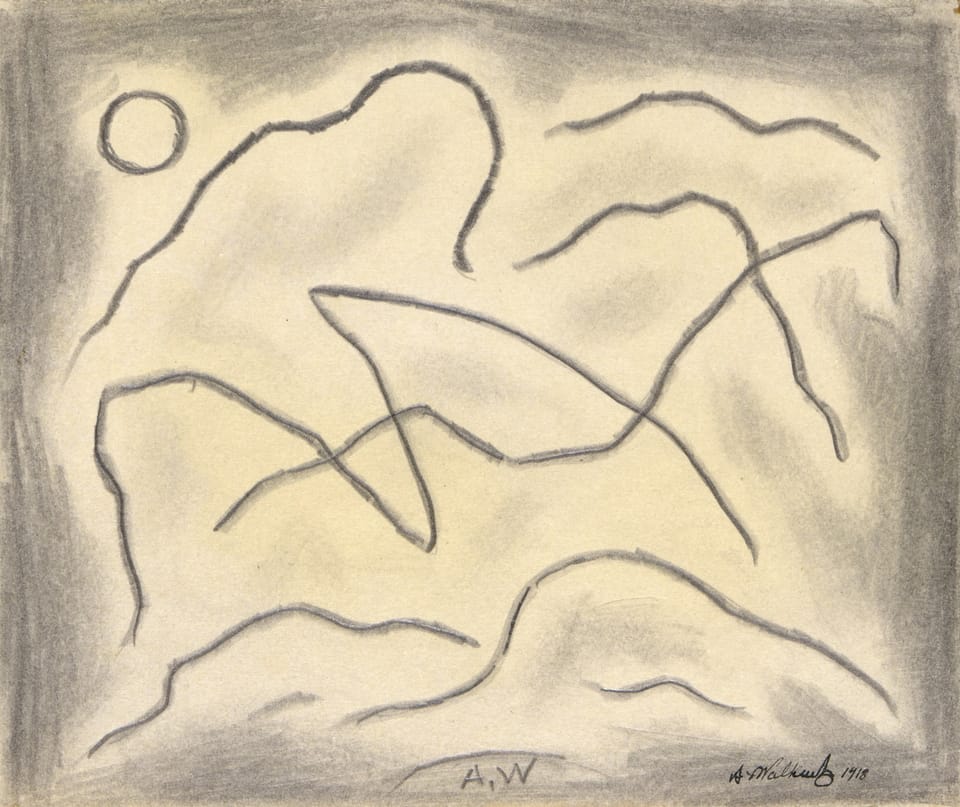 A series of dark lines on sepia paper meant to show the abstract movement of dance.