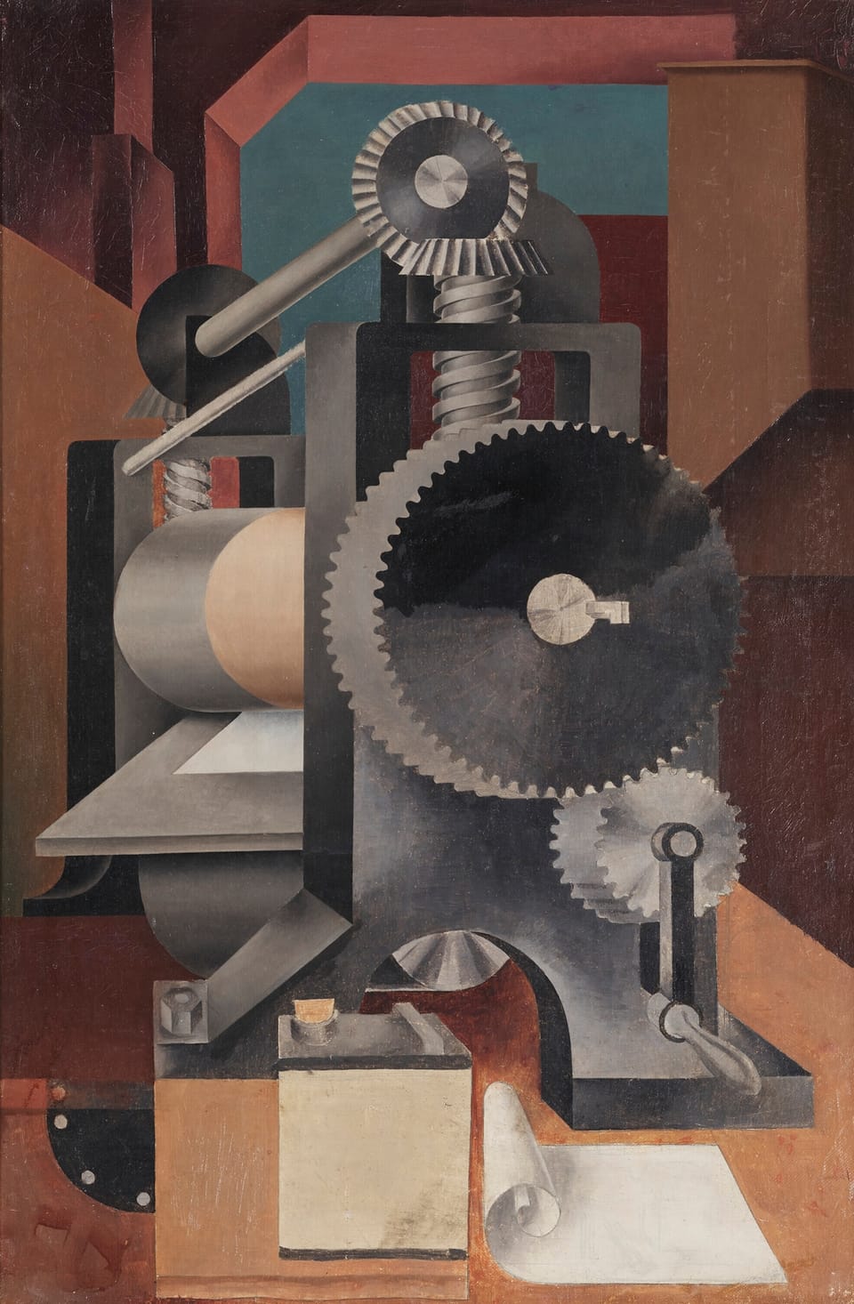 An abstract painting of a printing press with the gears prominent.