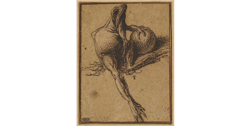 A Frog Sitting on Coins and Holding a Sphere; Allegory of Avarice by Jacob de Gheyn II